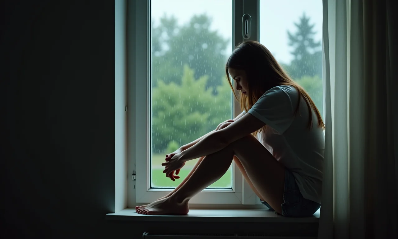 Mulher reflexiva em dia chuvoso, ponderando sobre perdas e recomeços.