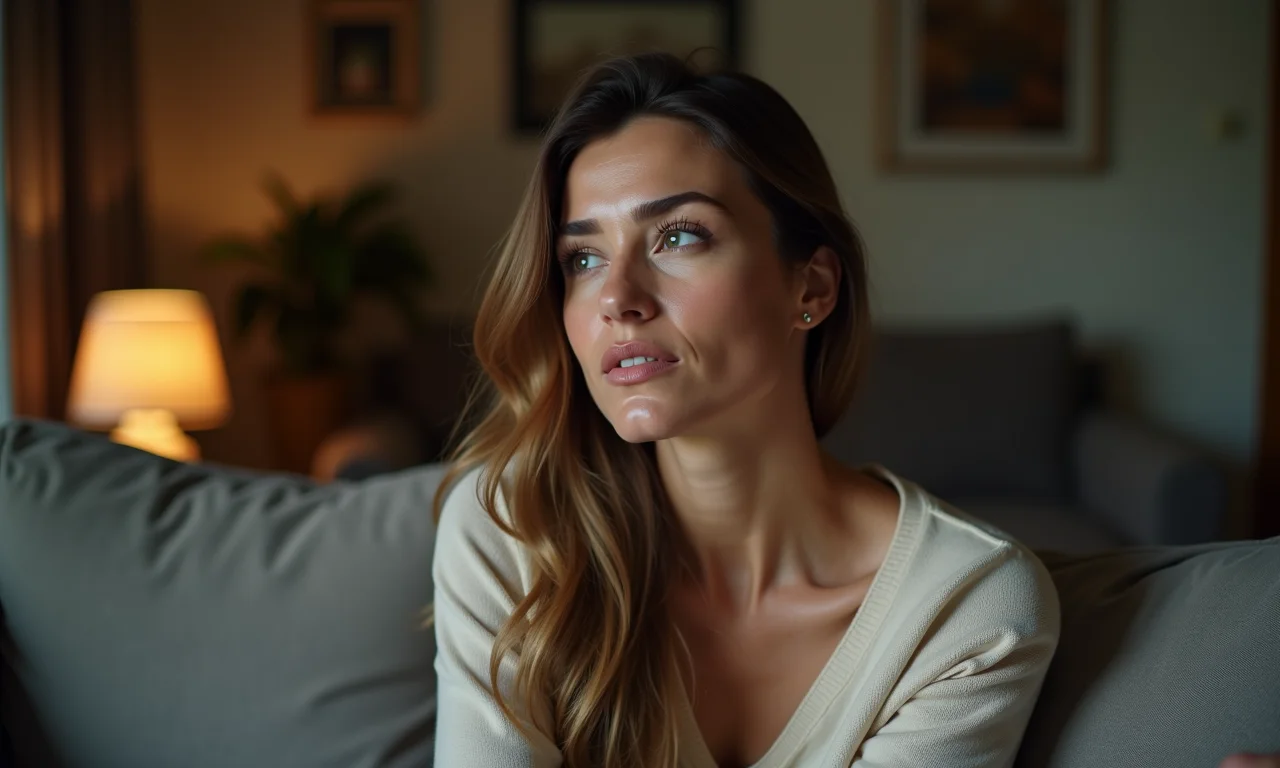 Mulher relembrando traição passada com expressão pensativa.