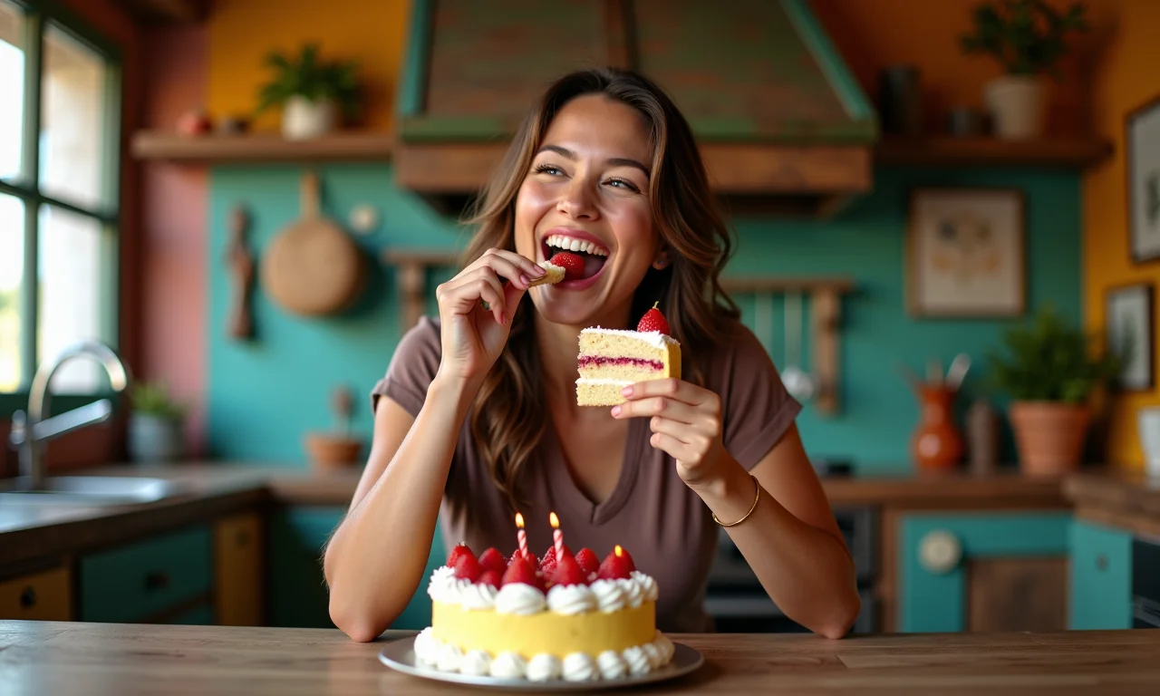 Mulher saboreando um pedaço de bolo de aniversário, representando prazer e indulgência.