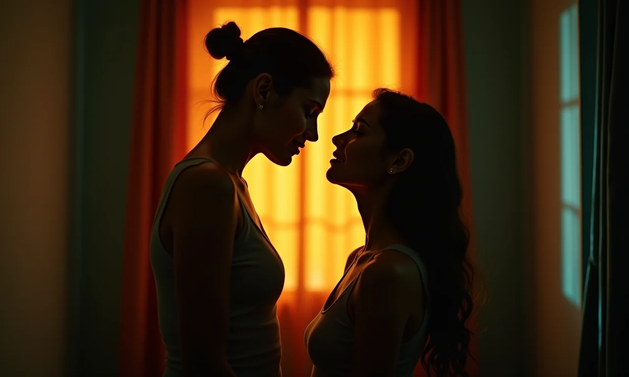 Mulher se afasta de silhueta escura, representando relação tóxica em ambiente colorido.