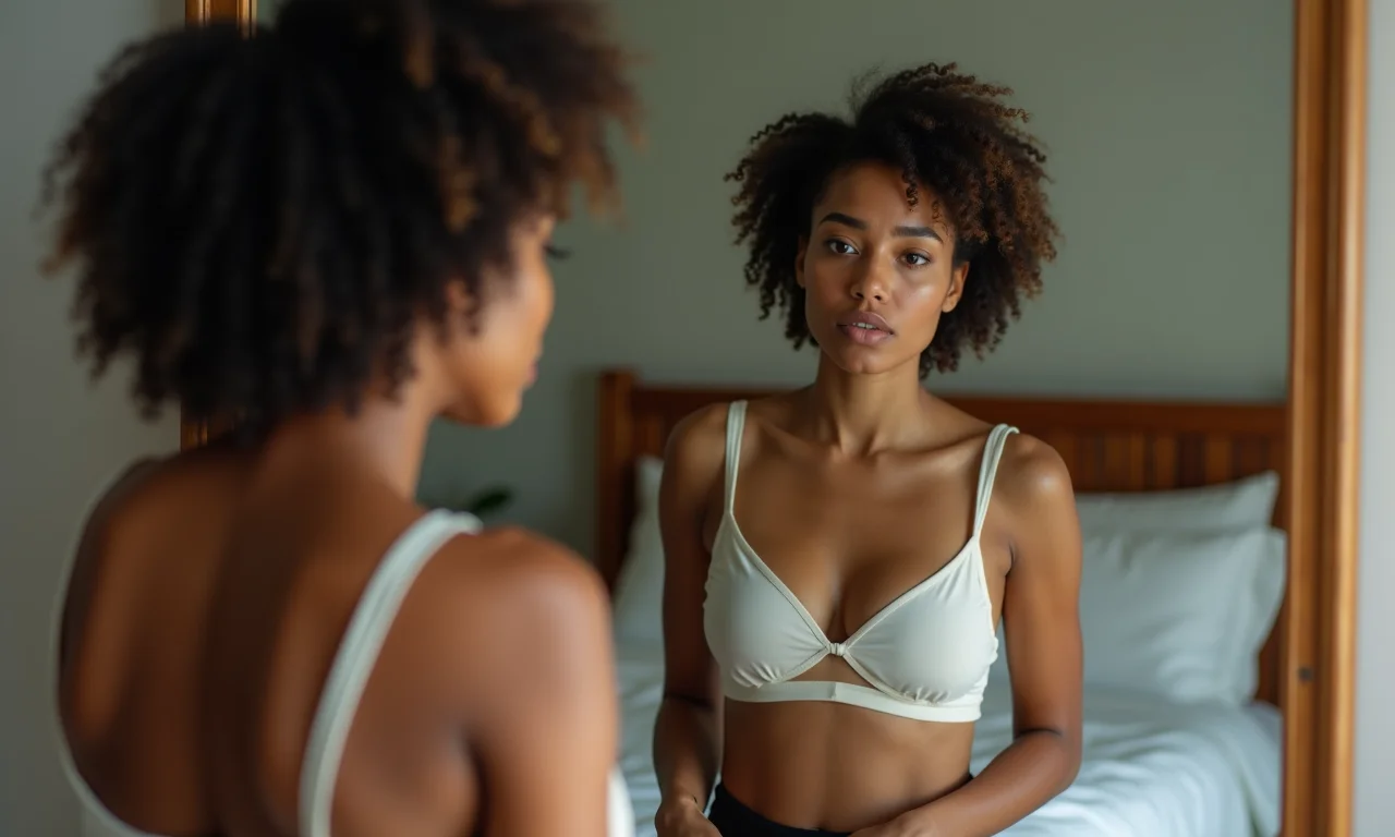 Mulher se olhando no espelho com insegurança.