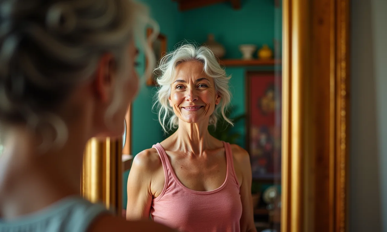 Mulher se olhando no espelho, vendo reflexo sutil de si mesma mais velha, simbolizando transformações internas.