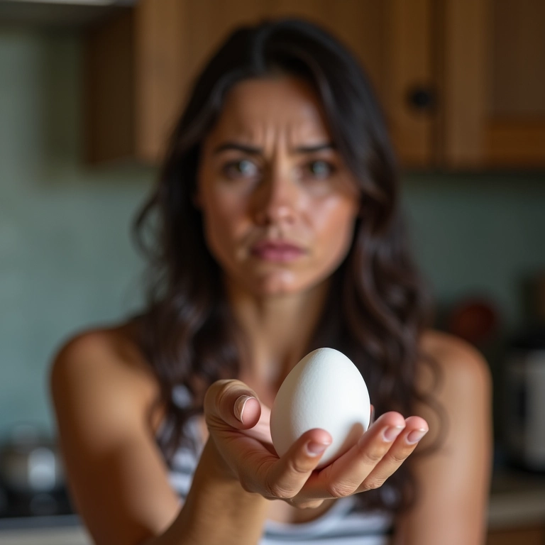 Mulher segurando ovo quebrado, expressando decepção.
