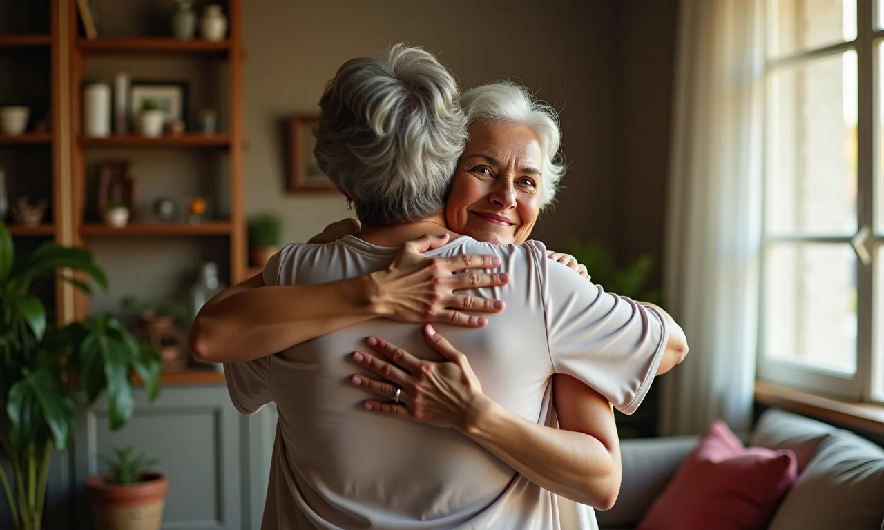 Mulher sendo abraçada por espírito da mãe falecida em sonho reconfortante.