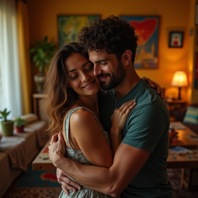Mulher sendo abraçada por homem desconhecido em apartamento aconchegante.