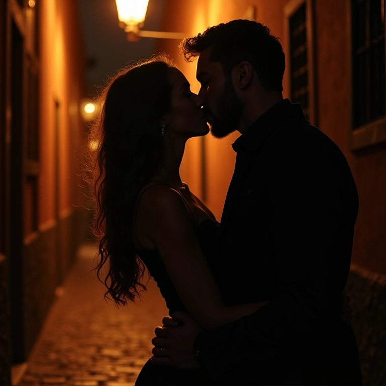 Mulher sendo beijada por homem desconhecido em rua charmosa de Paraty.