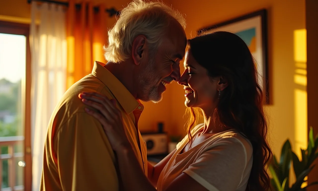 Mulher sendo confortada por figura paterna falecida em ambiente aconchegante.