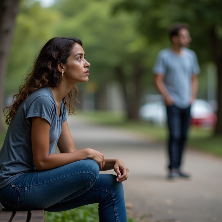 Mulher sentada em banco de parque no Rio sendo observada por homem desconhecido.