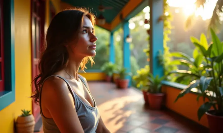 Mulher sentada na varanda, pensando em um ente querido falecido.