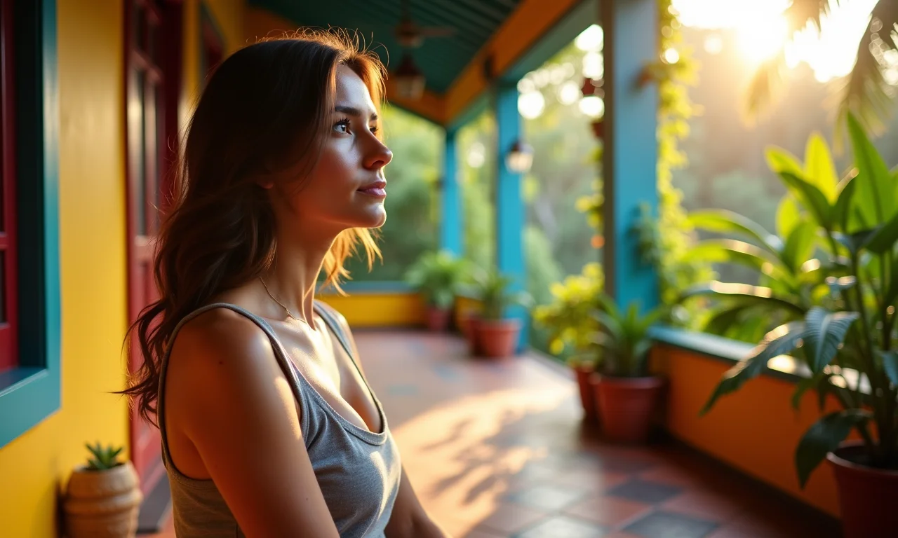 Mulher sentada na varanda, pensando em um ente querido falecido.