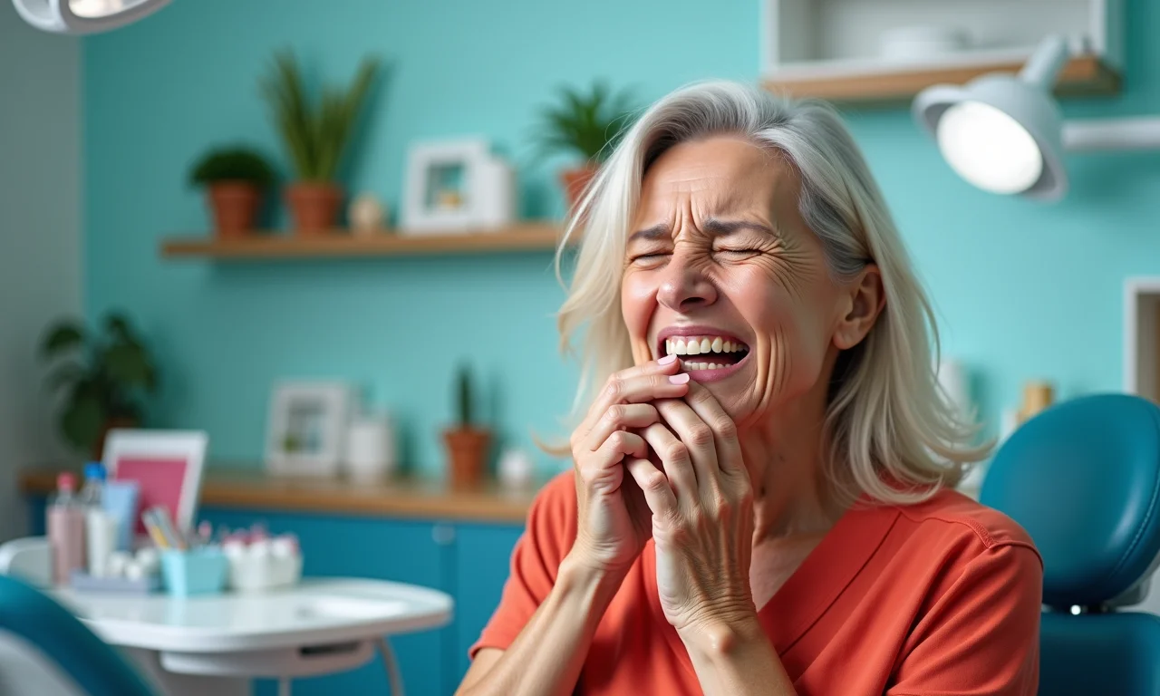 Mulher sentindo dor após sonhar com dente quebrando.
