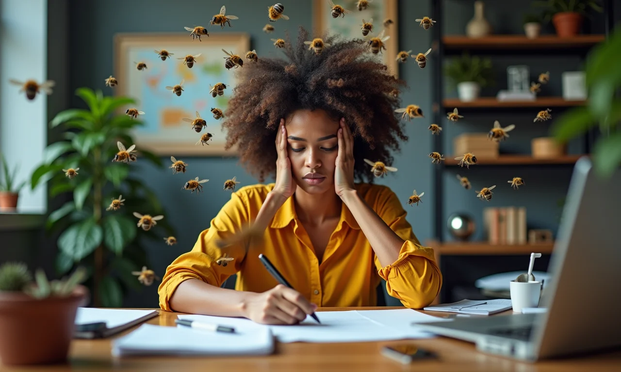 Mulher sobrecarregada em sua mesa, cercada por abelhas, representando estresse em sonhos.