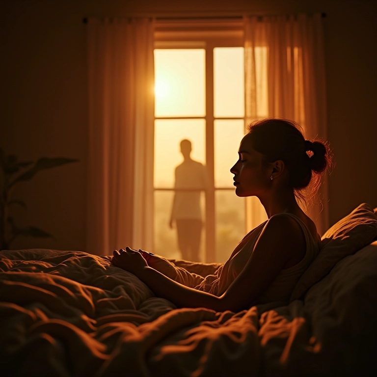 Mulher sonha com figura masculina desconhecida em quarto iluminado com decoração brasileira.