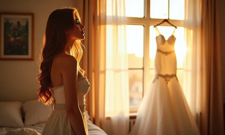 Mulher sonhando com casamento, vestido de noiva ao fundo.