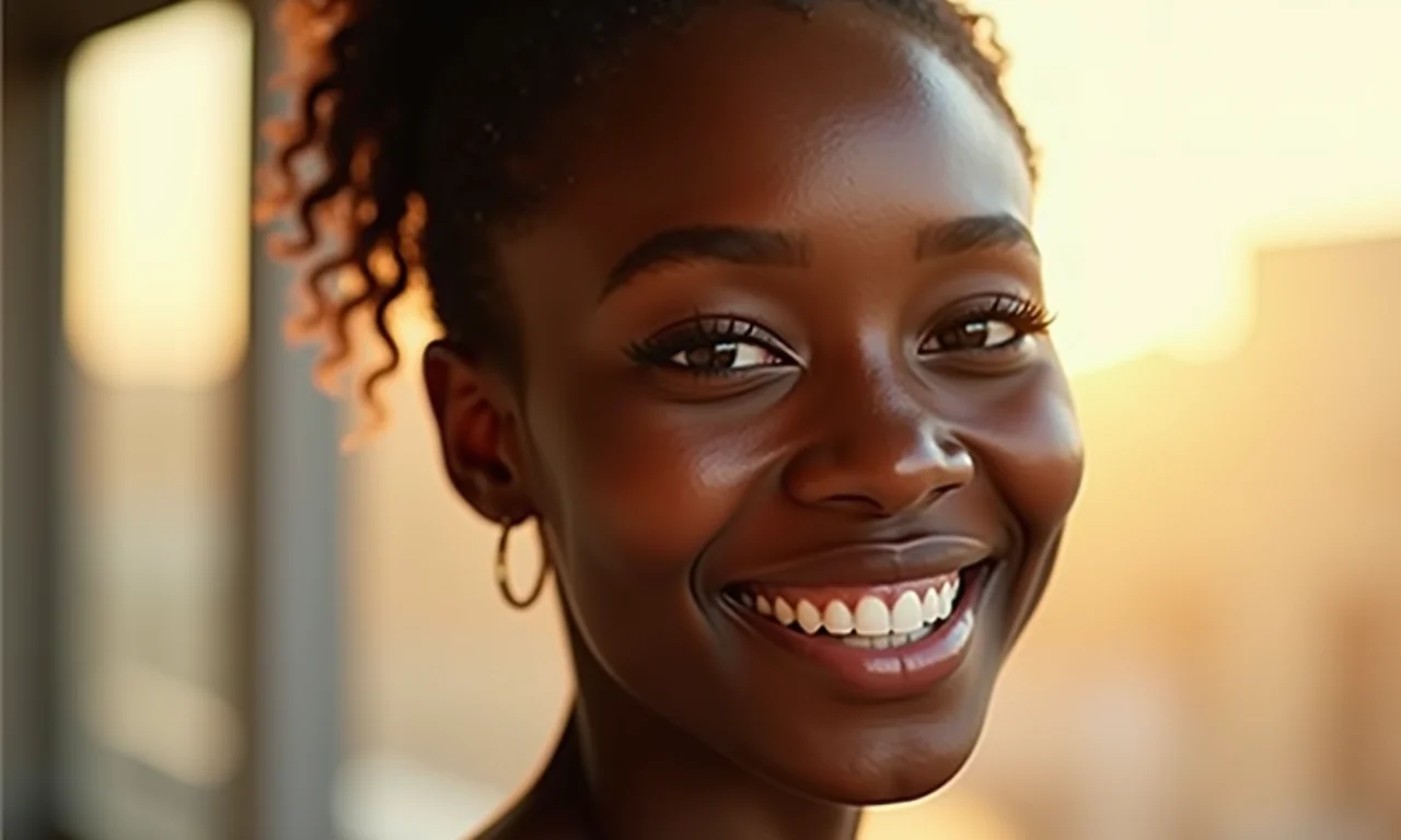 Mulher sorrindo alegremente, com luz suave ao fundo.