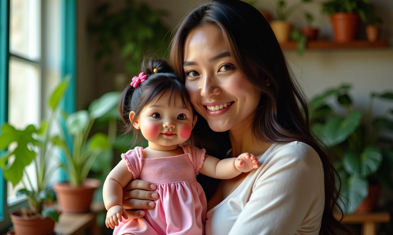 Mulher sorrindo com boneca sorrindo, sonho bebê feliz