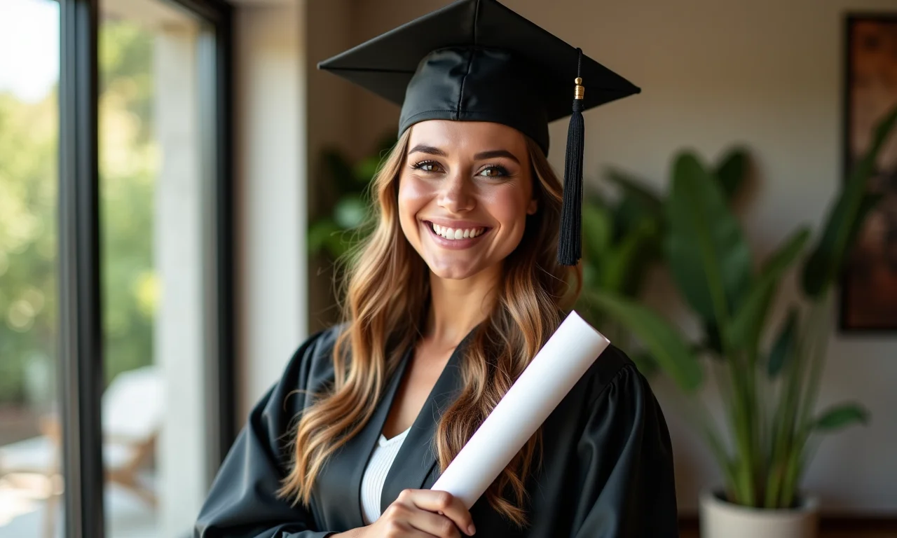 Mulher sorrindo com diploma em festa de formatura.