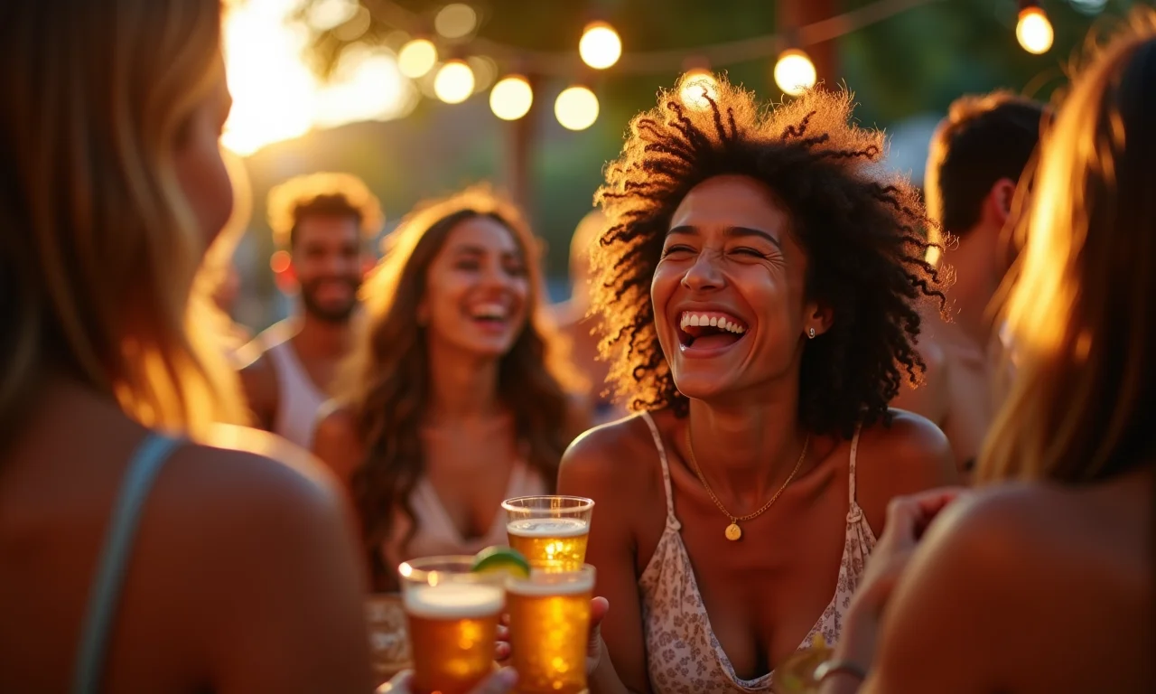 Mulher sorrindo em festa brasileira com amigos.