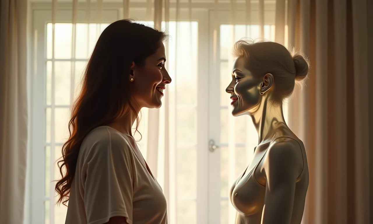 Mulher sorrindo para espírito sorridente de pessoa falecida em sonho.