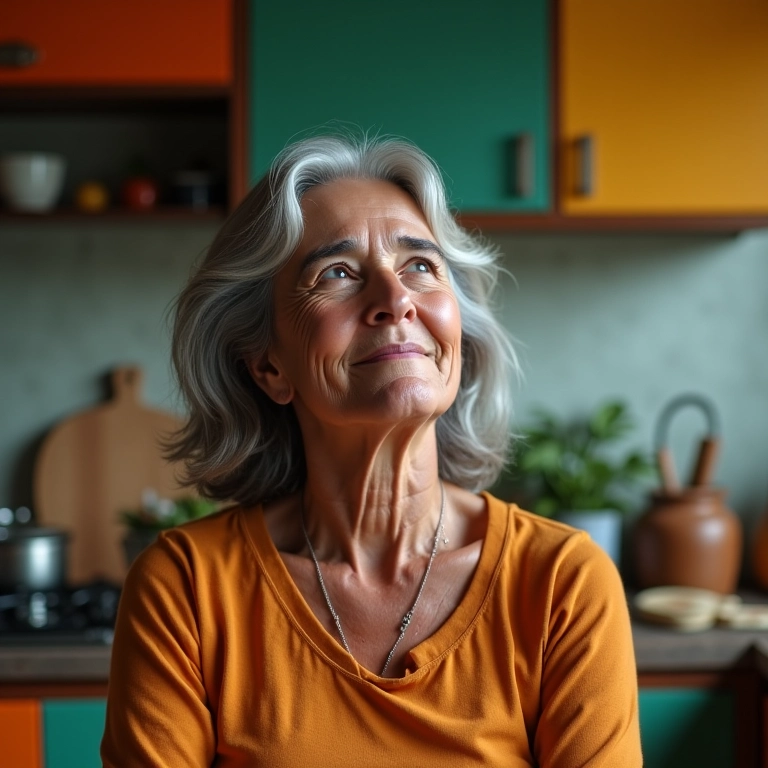 Mulher sorrindo para o alto, como se recebesse uma mensagem.
