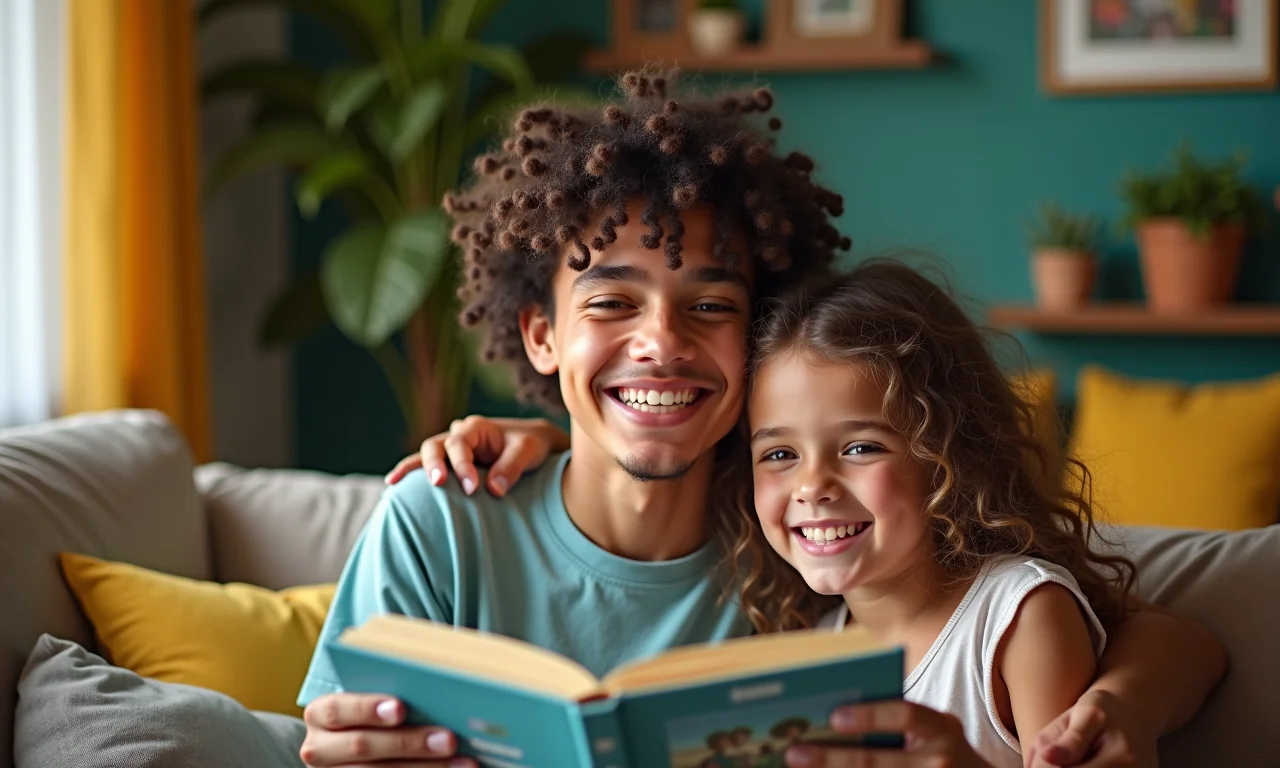 Mulher sorrindo, relembrando amigo de infância, álbum de fotos no colo, decoração brasileira.