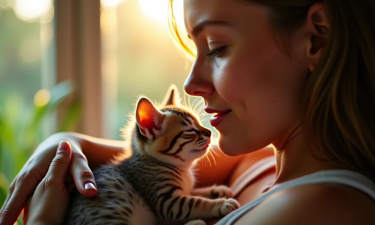 Mulher sorrindo segura filhote de gato dormindo em um quarto aconchegante e ensolarado.