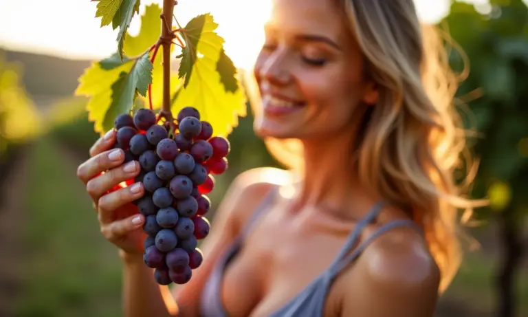 Mulher sorrindo segurando cacho de uvas roxas em vinhedo ensolarado, representando sonhos com uvas.