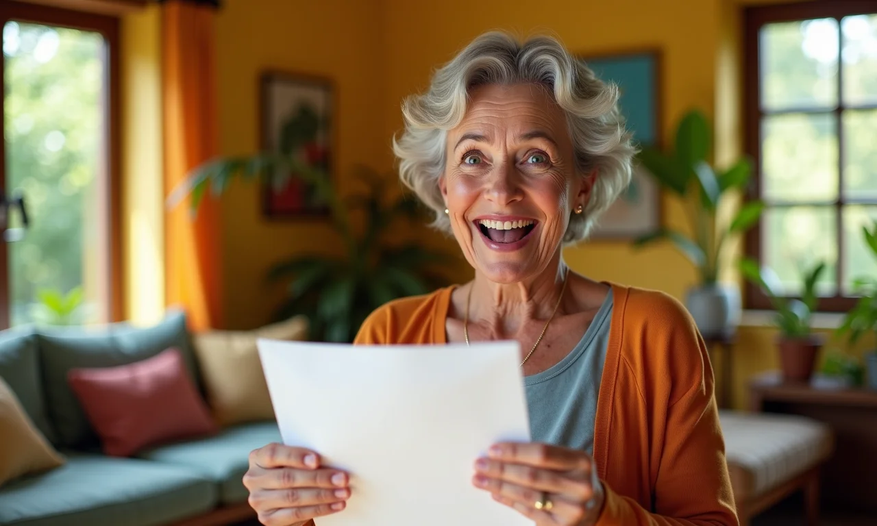 Mulher surpresa e feliz recebendo notícia de herança inesperada em casa colorida.