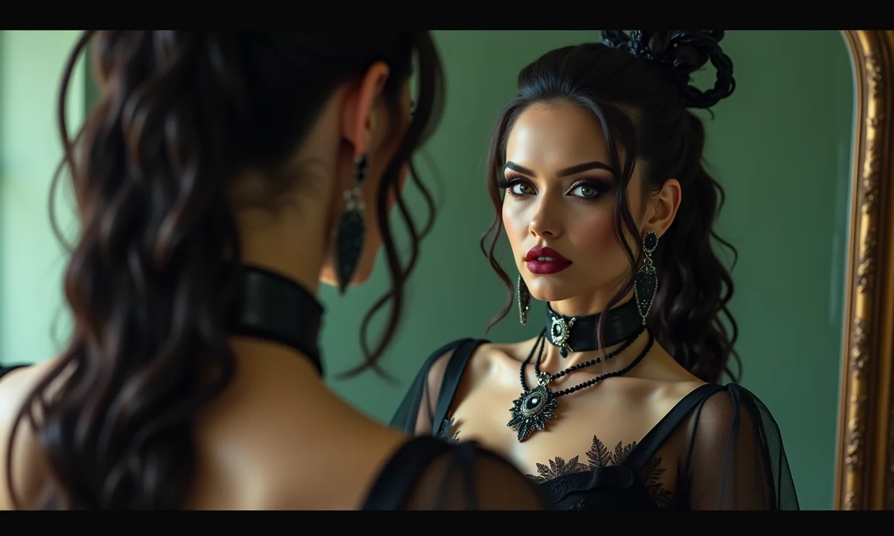 Mulher vampira se admirando no espelho, refletindo transformação e autoconhecimento.