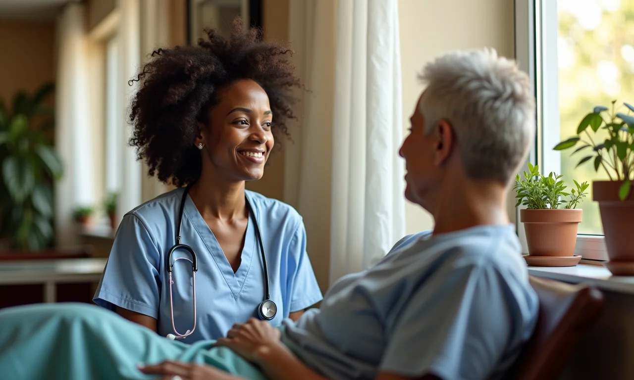 Mulher visita paciente em hospital com decoração alegre.