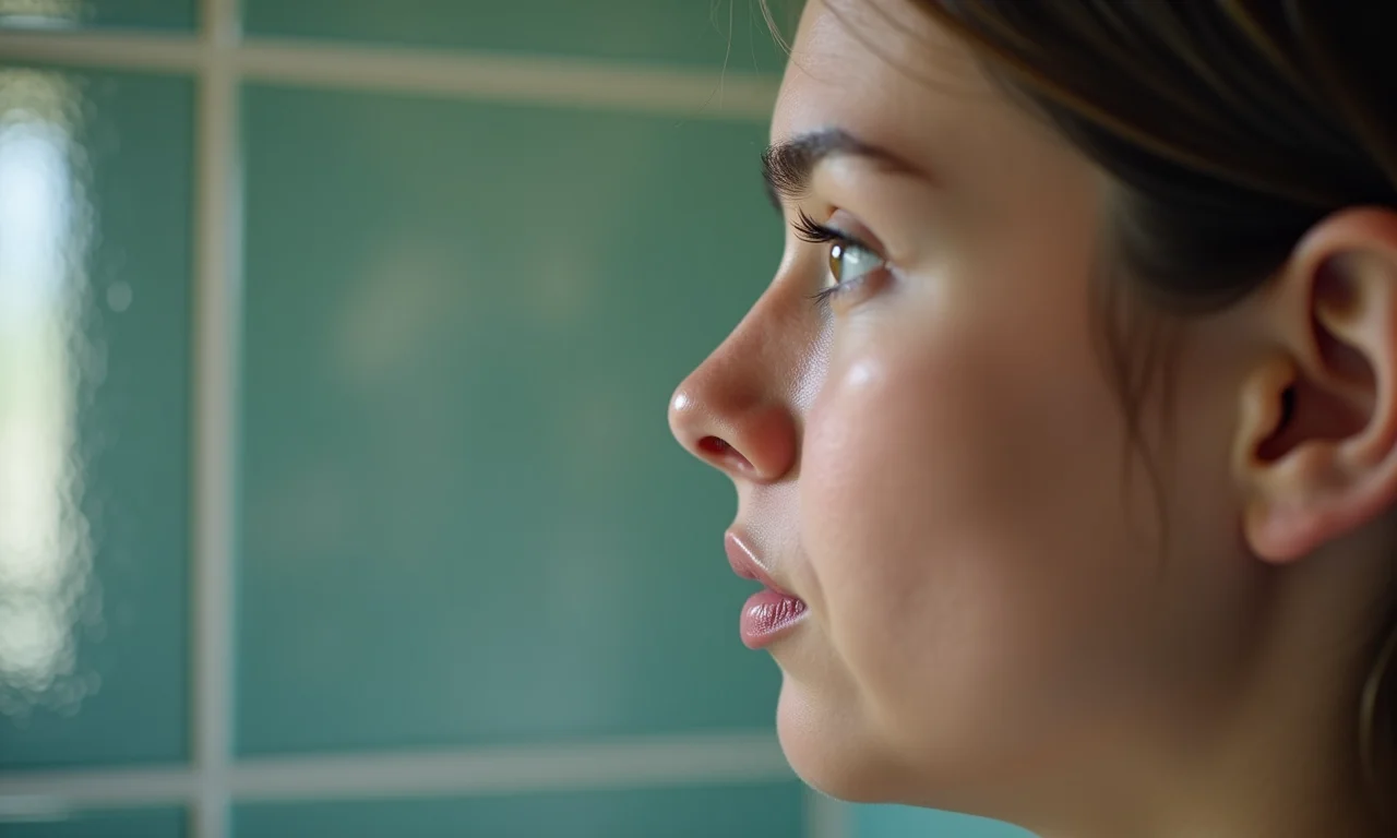 Nariz enrugado em close-up, fundo com azulejos brasileiros embaçados.