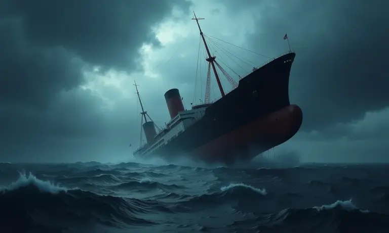 Navio afundando em mar tempestuoso, representando perdas e emoções intensas.