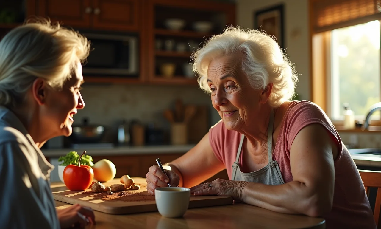 Neta recebendo conselho em sonho da avó falecida em cozinha ensolarada.