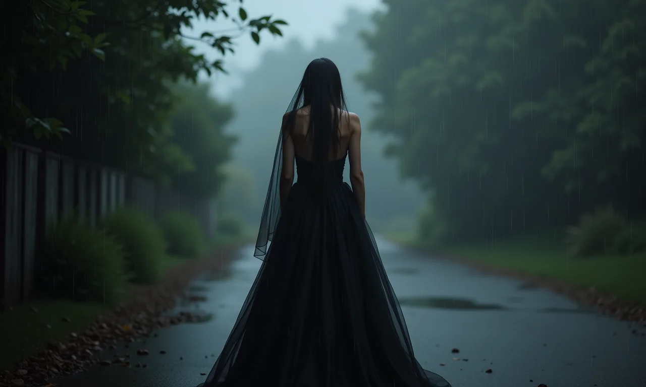 Noiva de preto com olhar melancólico na chuva.