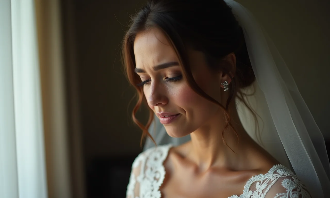 Noiva triste chorando em sonho, expressando melancolia e dor.
