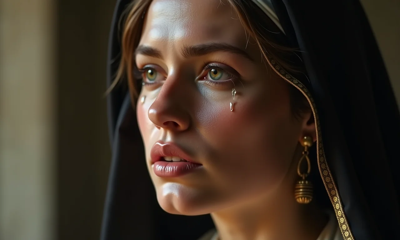 Nossa Senhora Aparecida chorando, expressando empatia.