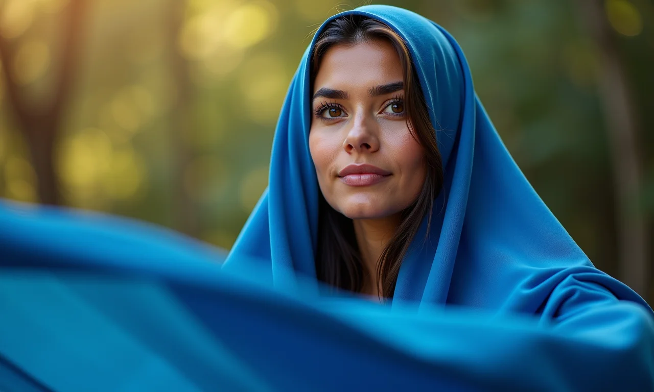 Nossa Senhora Aparecida com manto azul, expressão serena.