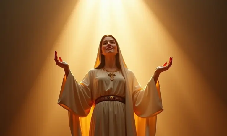 Nossa Senhora Aparecida, manto azul, braços abertos, luz natural.