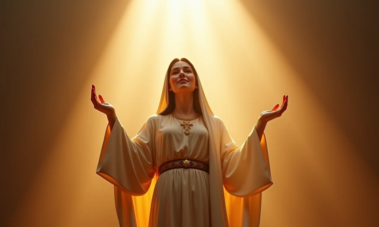 Nossa Senhora Aparecida, manto azul, braços abertos, luz natural.