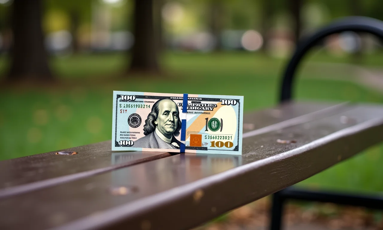 Notas de 100 encontradas em um banco de parque.