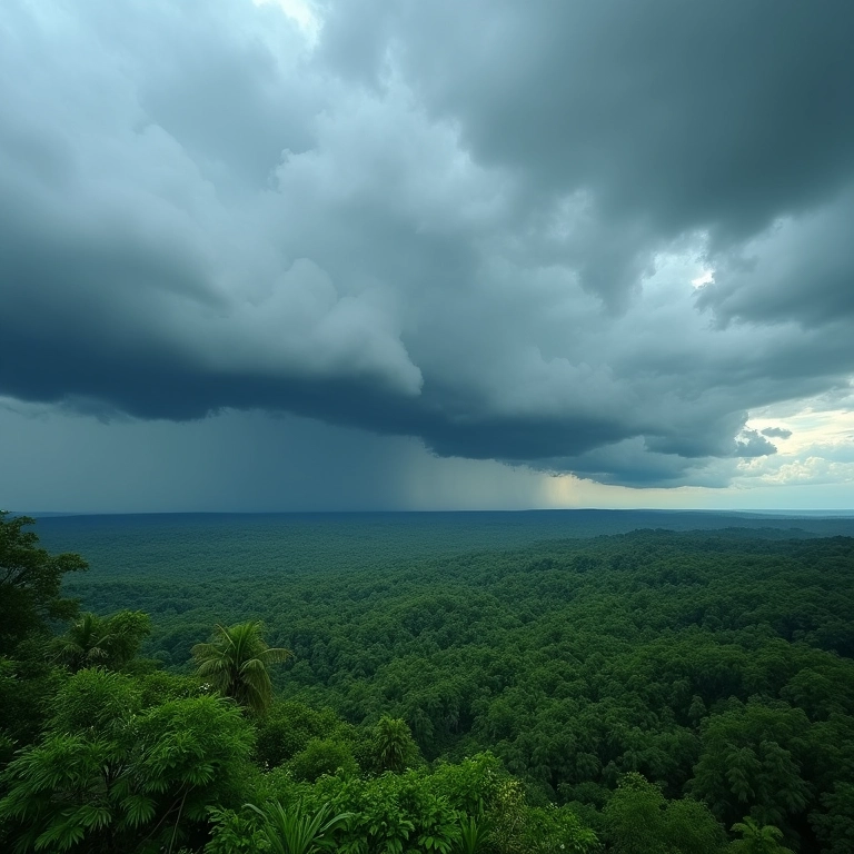 Nuvens escuras de tempestade se formando no horizonte sobre paisagem verde brasileira.