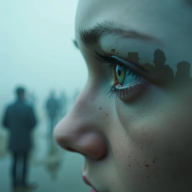 Olho lacrimejante sobreposto a cena de pessoas em luto, representando empatia e dor compartilhada em sonhos.