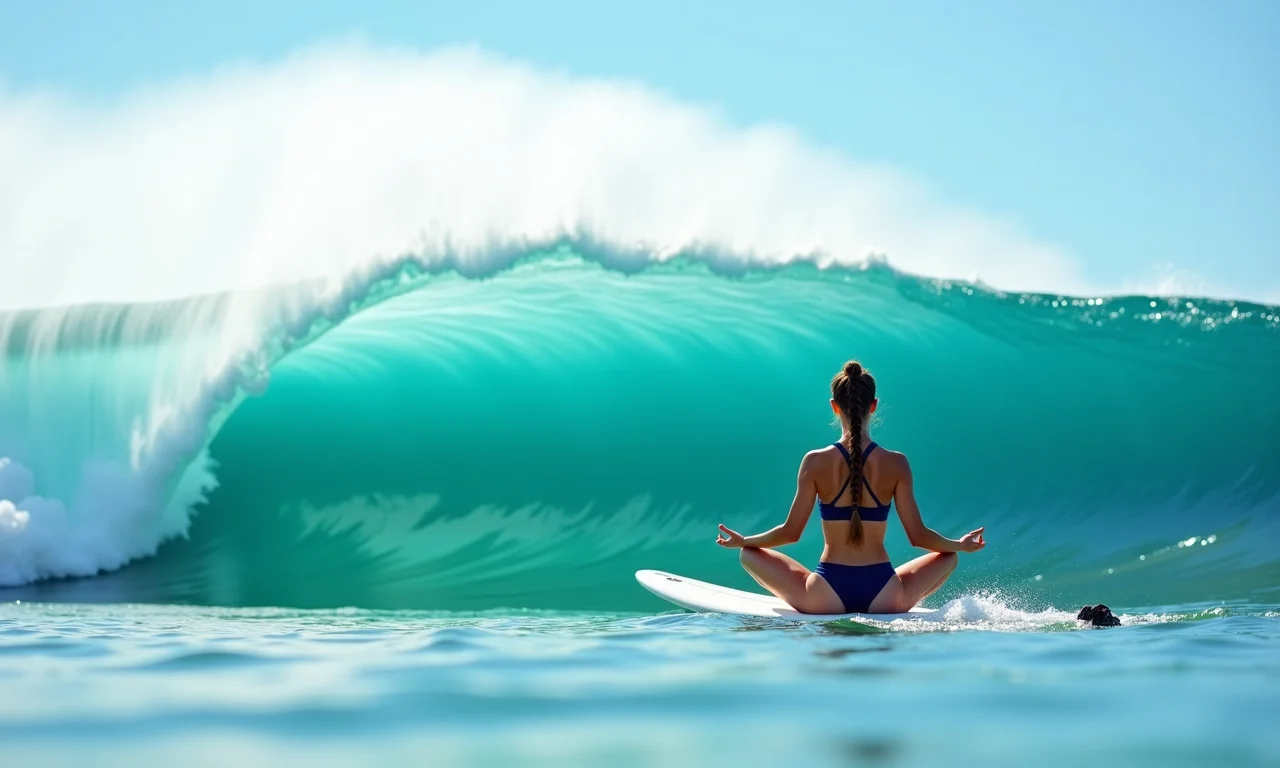 Onda gigante calma e mulher meditando em prancha, simbolizando paz interior.