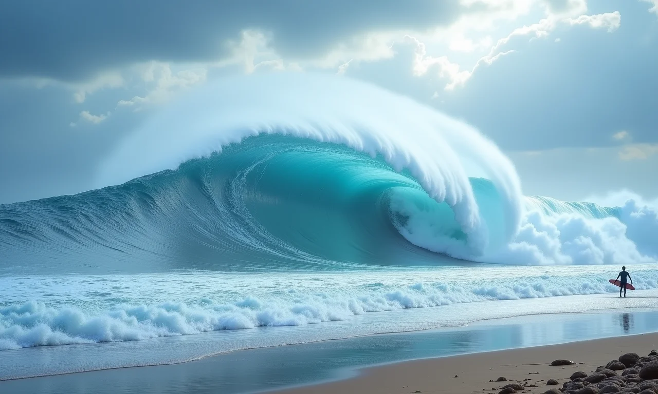 Onda gigante quebrando na costa, simbolizando a força e o poder das emoções avassaladoras.