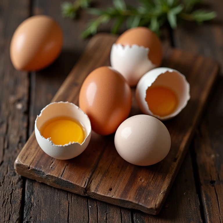 Ovos quebrados em mesa de madeira, representando fragilidade e novos começos.