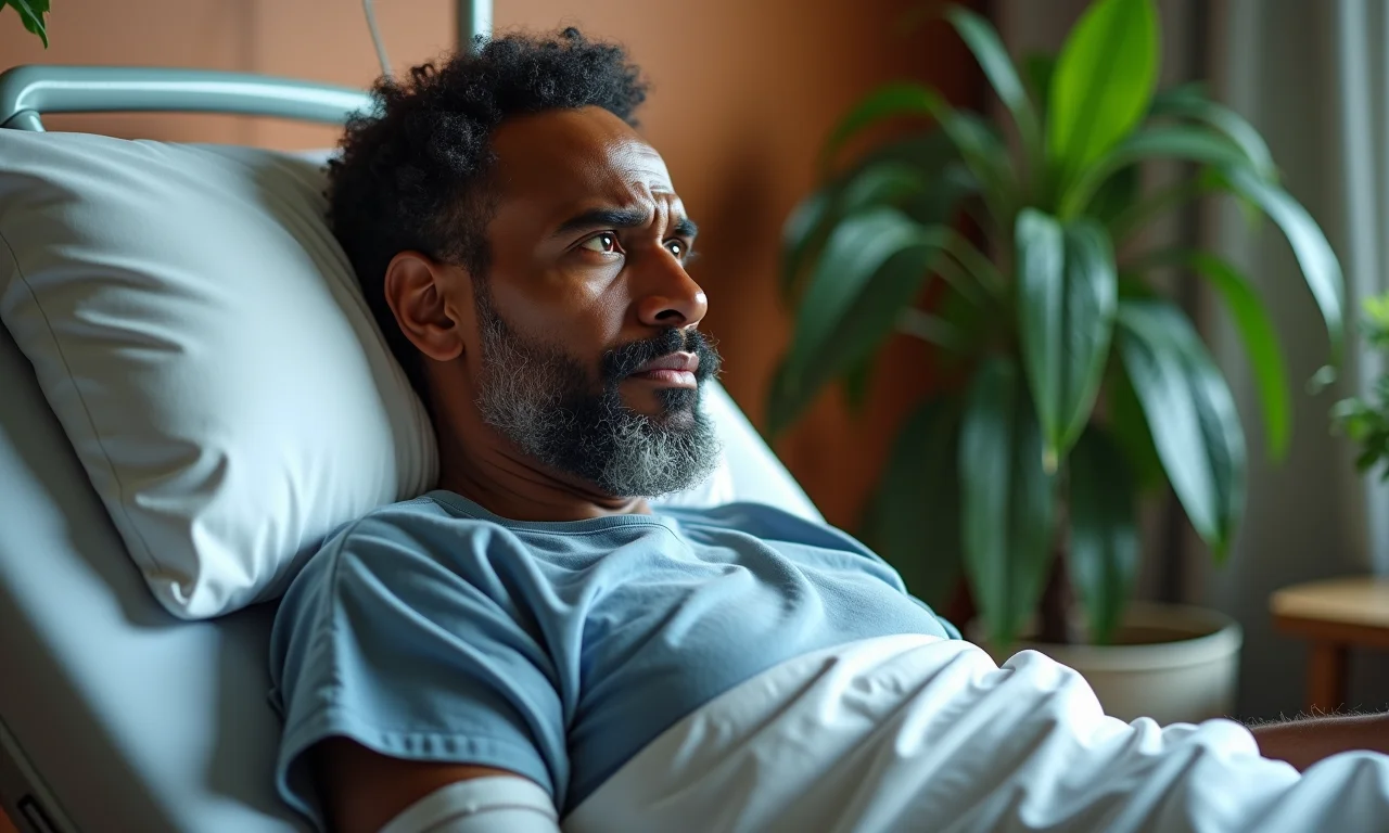 Paciente preocupado em leito de hospital com decoração Farm Rio.