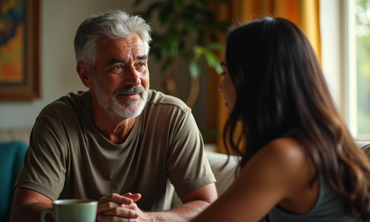 Pai dando conselho para filha em ambiente acolhedor.