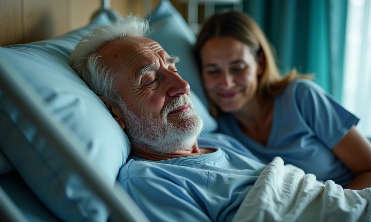 Pai doente sendo cuidado pela filha, transmitindo paz.
