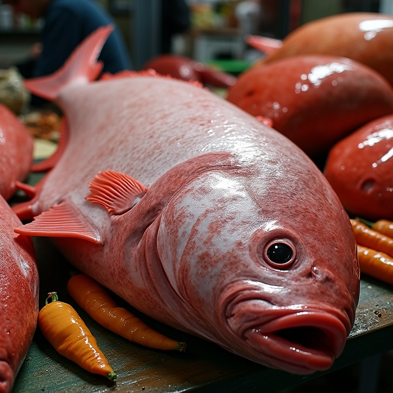 Peixe grande exposto em mercado, simbolizando abundância e grandes oportunidades nos sonhos.