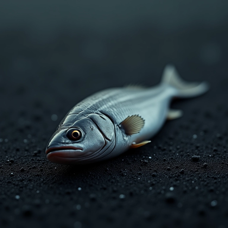 Peixe morto na areia escura, simbolizando perdas ou dificuldades nos sonhos.